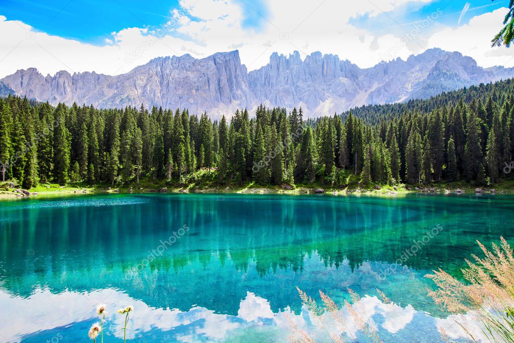 Beautiful view of the Karersee (Italian: Lago di Carezza): is a lake in the Dolomites in South Tyrol, Italy