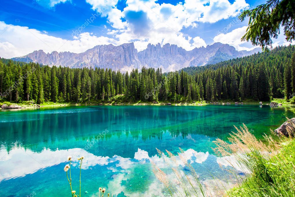 Beautiful view of the Karersee (Italian: Lago di Carezza): is a lake in the Dolomites in South Tyrol, Italy