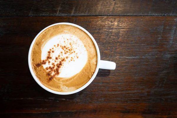 Tasse Cappuccino Kaffee Auf Holztisch Café Draufsicht — Stockfoto