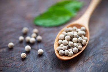 Beyaz biber tohumu tahta kaşık, ot ve baharat, gıda içerikler