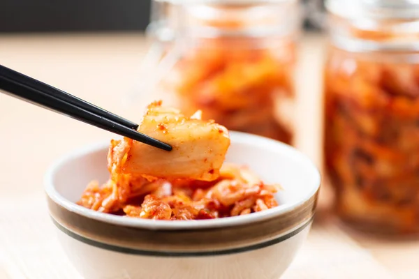 Kimchi Cabbage Bowl Chopsticks Eating Korean Food — Stock Photo, Image