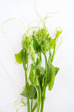 Beyaz masa, organik sebze taze Chayote yaprağına