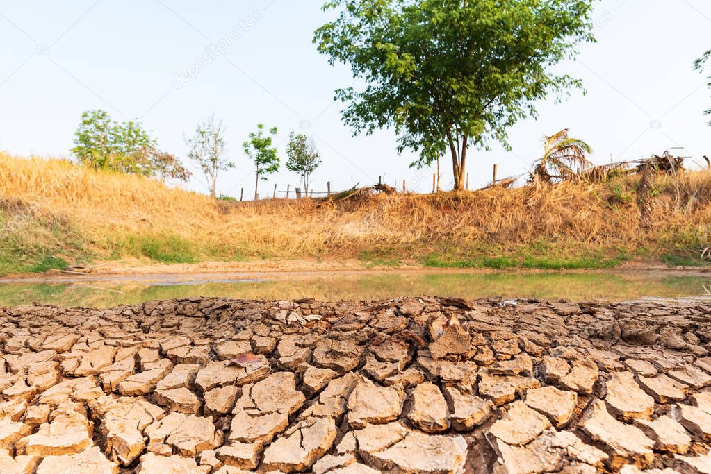 Cracked soil in the pond, drought in Thailand, 