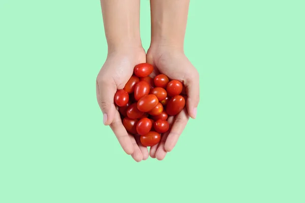 Pomodori ciliegia freschi in possesso a mano — Foto Stock