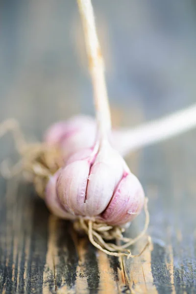 Fresh garlic on wooden, food ingredient — Stock Photo, Image