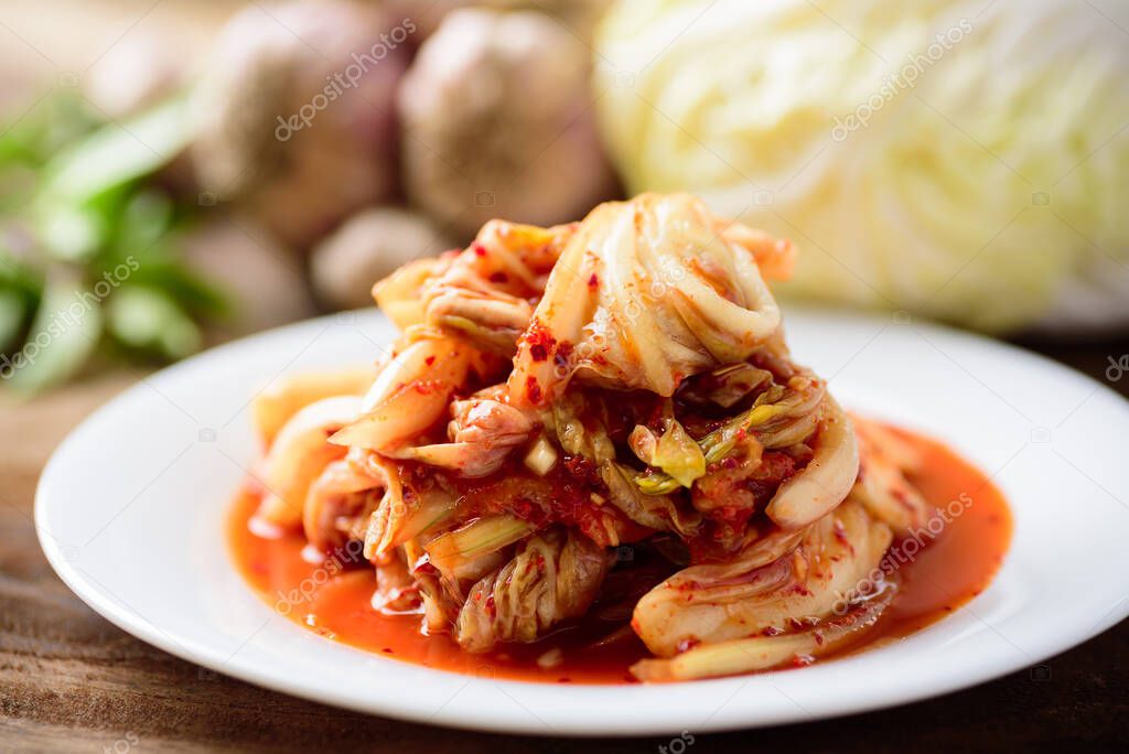 Kimchi cabbage on white plate, Korean food