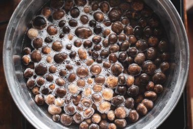 Thai puf topu mantarı sıcak tencerede kaynıyor, Kuzey Tayland yemeği.