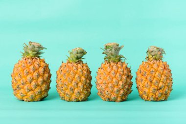 Pastel yeşil arka planda taze ananas meyvesi, tropik meyve.