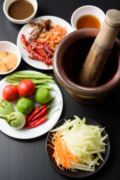 Тайская Кухня Пищевые Ингредиенты Рецепт Острого Салата Папайи Сом Черном — стоковое фото