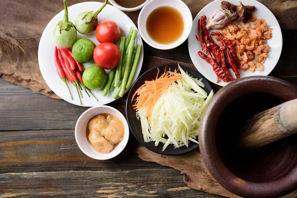 Thai Konyha Élelmiszer Összetevők Fűszeres Papaya Saláta Recept Som Tum — Stock Fotó
