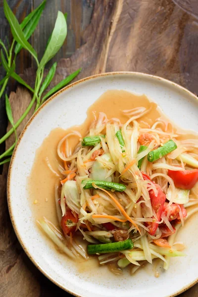 Cucina Thailandese Insalata Papaya Piccante Som Tum Sul Piatto Primo — Foto Stock