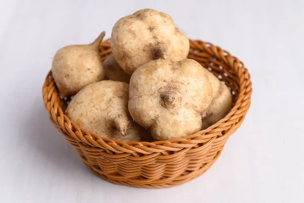 Fresh Jicama Yam Bean Basket White Background Jicama Can Eaten — Stock Photo, Image