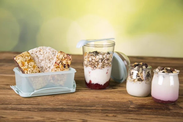 cereal bars, rice waffles, natural yoghurt, muesli,