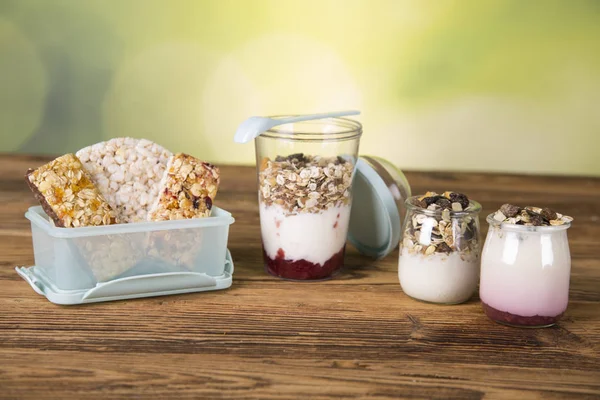 cereal bars, rice waffles, natural yoghurt, muesli,