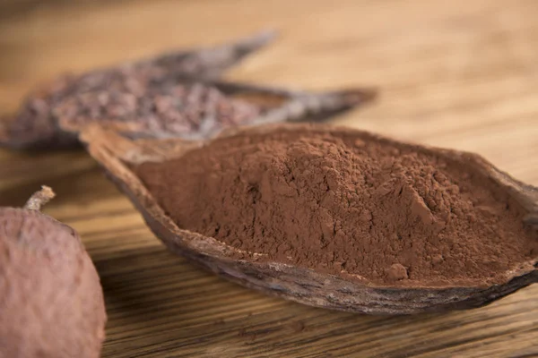 Frijoles Cacao Sobre Fondo Madera Cacao Chocolate Amargo Oscuro Cacao — Foto de Stock