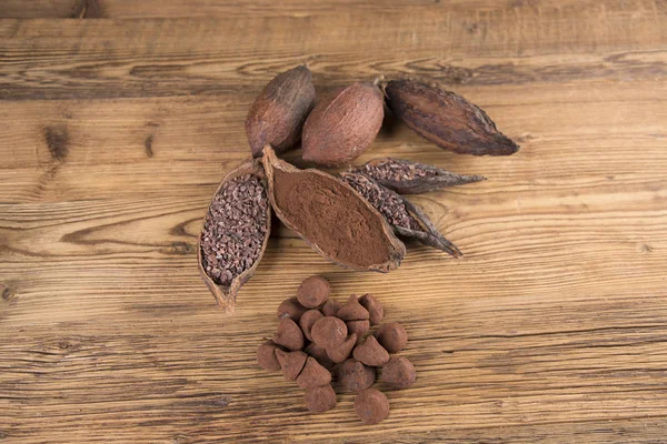 Frijoles Cacao Sobre Fondo Madera Cacao Chocolate Amargo Oscuro Cacao — Foto de Stock