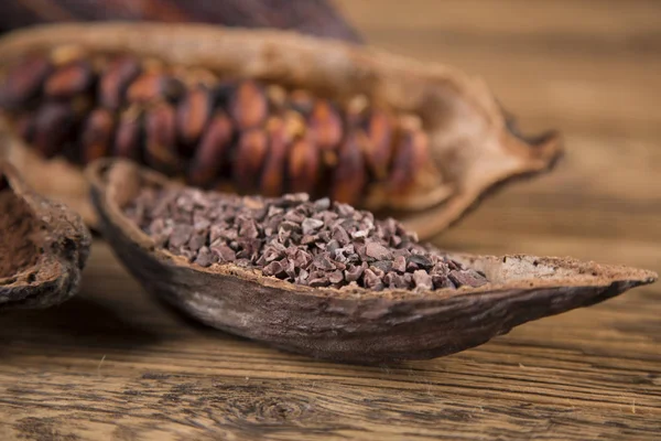 Frijoles Cacao Sobre Fondo Madera Cacao Chocolate Amargo Oscuro Cacao — Foto de Stock