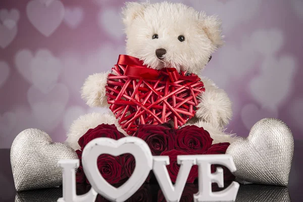 Teddy Bear Mascot Red Roses Hearts Valentine Day — Stock Photo, Image