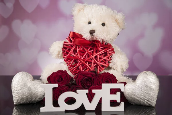 Teddy Bear Mascot Red Roses Hearts Valentine Day — Stock Photo, Image