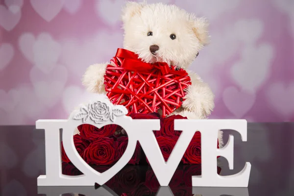 Teddy Bear Mascot Red Roses Hearts Valentine Day — Stock Photo, Image