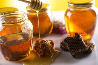 Ahşap zemin üzerine bal ayı kavanoza tatlım