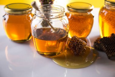 Ahşap zemin üzerine bal ayı kavanoza tatlım