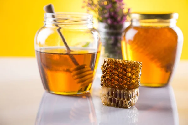 Honing in pot met honing Beer op houten achtergrond — Stockfoto