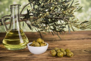 Olive oil, olive tree and green olives, bottles of olive oil clipart