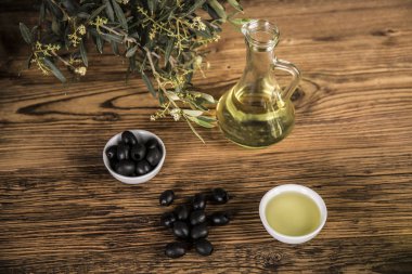 Zeytinyağı ve zeytin ağacı ve siyah zeytin ve zeytin şişeleri