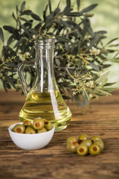 Olive oil, olive tree and green olives, bottles of olive oil — Stock Photo, Image