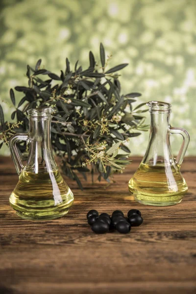 Olivový olej a olivovník, černé olivy a láhve s olivovým olejem — Stock fotografie