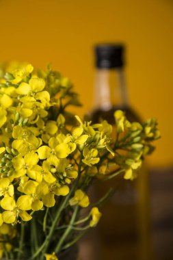 Masadaki şişede kolza tohumu çiçeği ve yağ var.