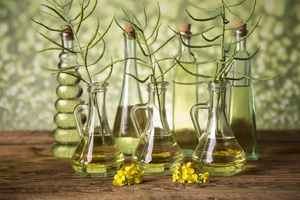 Semillas y flores de colza en botellas y jarras con aceite de colza — Foto de Stock