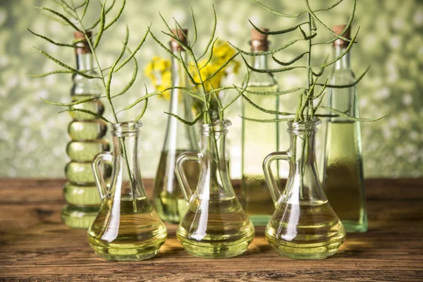 Semillas y flores de colza en botellas y jarras con aceite de colza — Foto de Stock