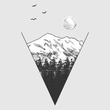 Dağları doruklarına illüstrasyon vektör ve geometrik üçgen şeklinde kesilmiş orman çam. Vintage elle çizilmiş tarzı. İskandinav dövme kroki.