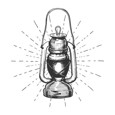Vektör çizim bir sunburst üzerinde eski bir fener. Vintage elle çizilmiş stili.