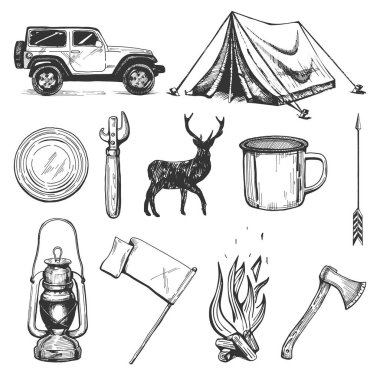 Icons set kamp vektör elle çizilmiş. Kapalı yol araba, çadır, can, konserve açacağı, geyiği siluet, metal kupa, ok, gaz fener, bayrak veya afiş, şenlik ateşi Alevi, ax. Vintage elle çizilmiş stil oyma.
