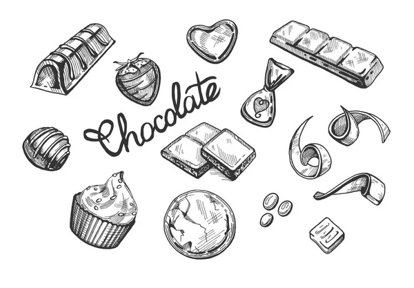 Vektorové Ilustrace Čokoládové Bonbóny Bar Stripe Brownie Vločky Kapky Košíček — Stockový vektor
