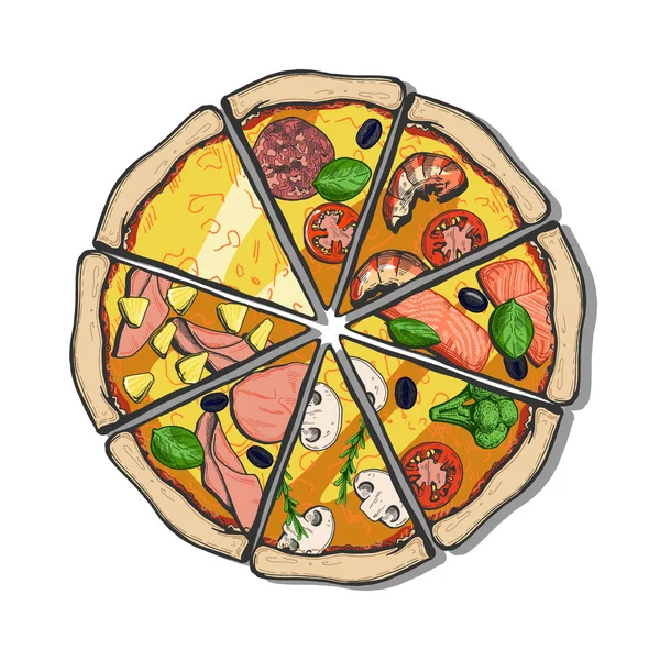 Illustrazione Vettoriale Diverse Fette Pizza Formaggi Margherita Peperoni Frutti Mare — Vettoriale Stock