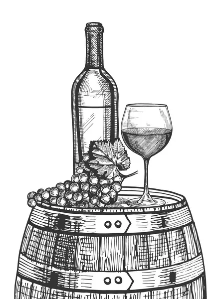 Ilustración Vectorial Bodegón Vino Botella Vaso Ramo Uvas Barril Madera — Archivo Imágenes Vectoriales