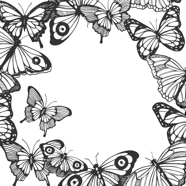 Vektorillustration Eines Schmetterlingsrahmens Schwarz Weiße Monochrome Zeichnung Handgezeichneter Vintage Gravurstil — Stockvektor
