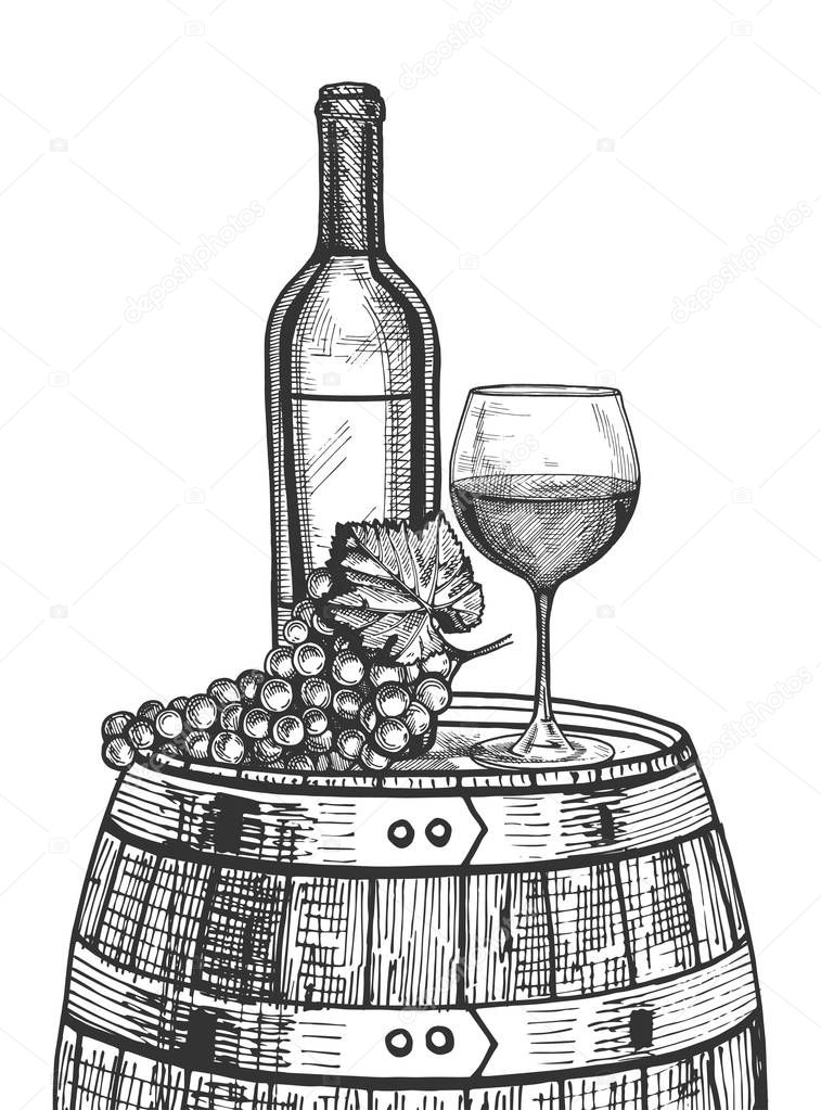 Vector illustration of a wine still life. Bottle, glass and a bunch of grapes on the wooden barrel. Hand drawn vintage engraving style.