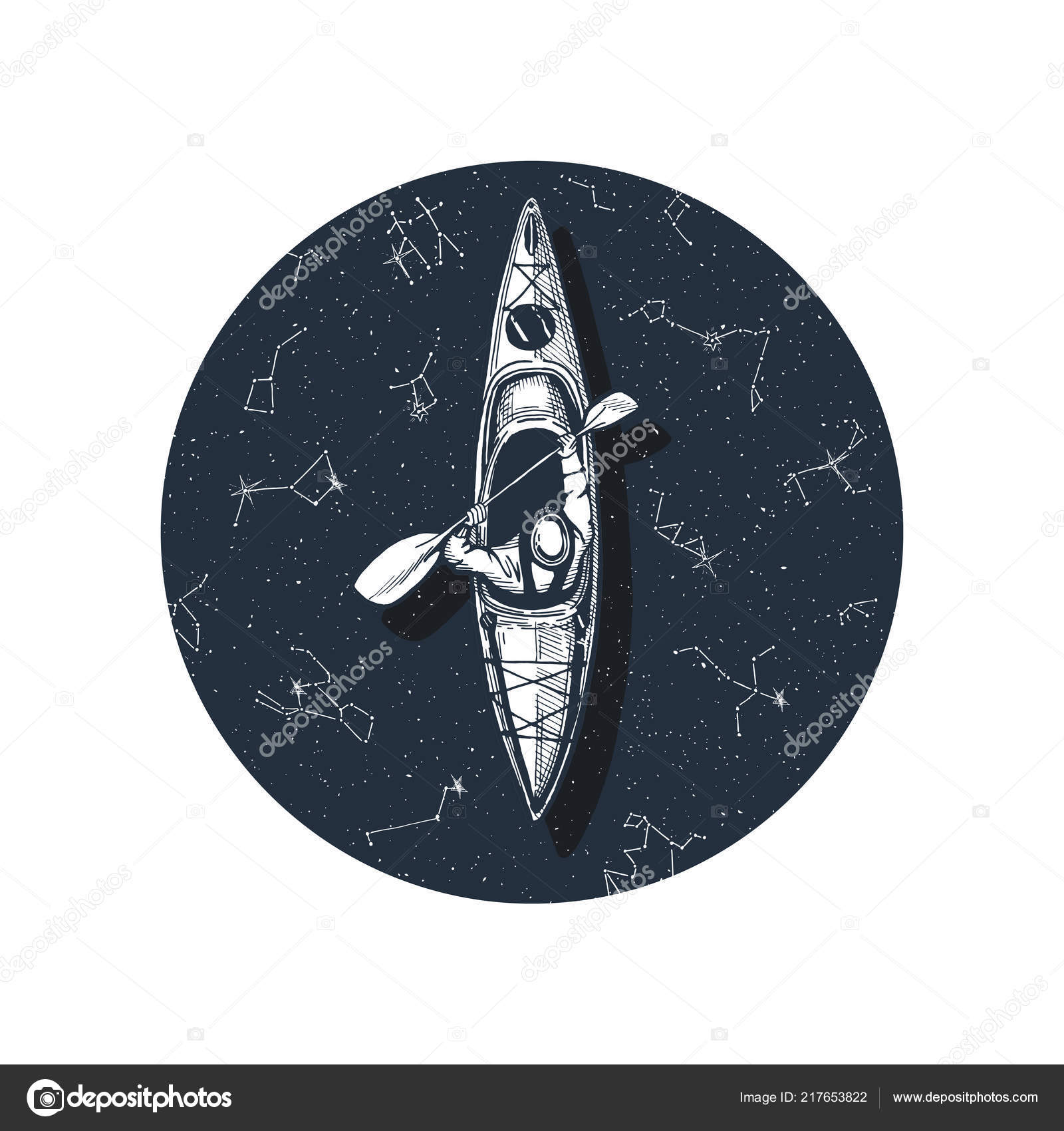 划桨独木舟独木舟或漂流艇的矢量插图顶部看蓝色水圆与星和星座反射运动画伟大的T恤印刷图库矢量图©istryistry 217653822, image size:1600x1700