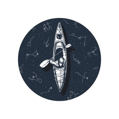 Kayak, Kano veya tekne ile oarsman rafting vektör çizim. Üstten görünüm, yıldızlar ve takımyıldızların yansımaları ile mavi su çemberi. Spor çizim, büyük t-shirt baskı.