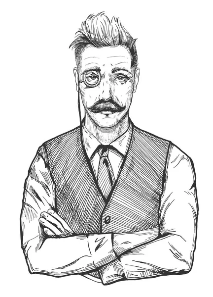 時代の魅力的な男性のベクター イラストです 片眼鏡とビンテージ ベスト ネクタイ シャツの肖像画をマンします なめらかな髪型 ロイズ 手の描かれた昔ながらの古い紳士銀行家 実業家 — ストックベクタ