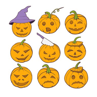 Vektör çizimi bir Halloween pumpkins küme. Kötülük, korkmuş, duygular gülümseyen grafik kümesi renk. Kabak balta veya kafa bıçak ile cadı şapka.