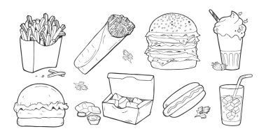 Vektör çizim bir fast food yemek ayarla. Patates kızartması, tortilla rulo, burger, hamburger, Çift burger, büyük hamburger, tavuk nuggets, hotdog, sandviç, muzlu süt, limonata içmek. Vintage elle çizilmiş stil oyma