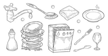 İşlem nesneleri Yıkama yemekleri vektör çizim ayarlayın. Sabun, su musluk, bulaşık makinesi, fırça, bez, sünger, kirli ve parlak temiz yemekler, cam, çatal. Vintage el çizilmiş karikatür tarzı doodle.
