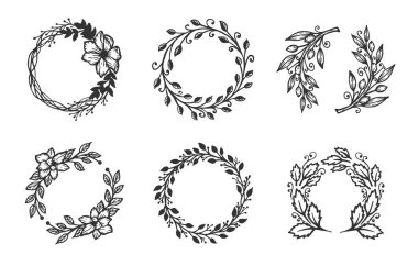Farklı bir çelenk vektör çizim ayarlayın. Çiçekler, yapraklar ve bir elle çizilmiş ihale şirin doodle tarzda şubeleri. Büyük çiçek düğün süslemeleri için.