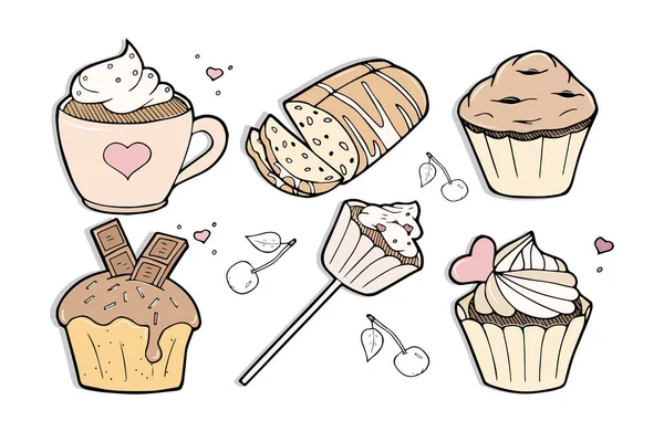 Ilustração Vetorial Diferentes Bolos Doces Deliciosos Conjunto Cupcake Bolo Caneca — Vetor de Stock